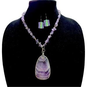 Handmade Amethyst Beaded and Large Pendant Necklace with Matching Earrings